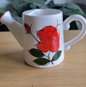 HANDCRAFTED Ceramic Mini White Watering Vase with Red Rose Design Signed Japan.